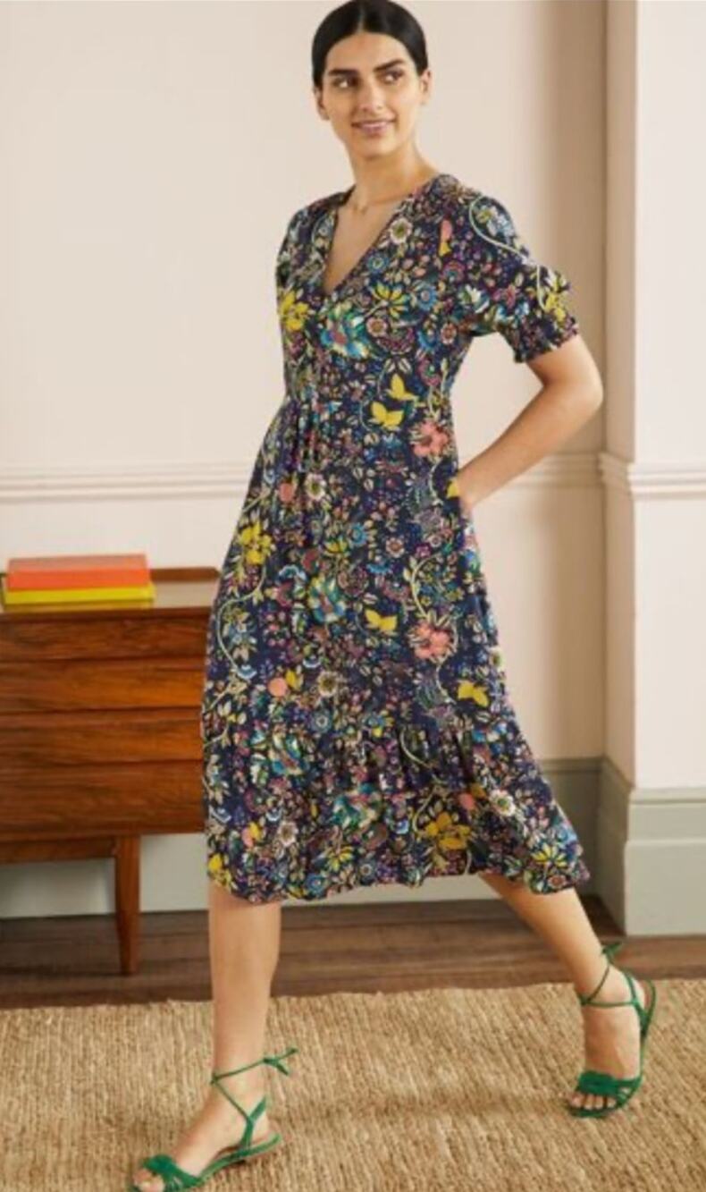 Boden Floral Midi Easy Tea Dress V-Neck Blue Viscose Size 4 Petite 4P